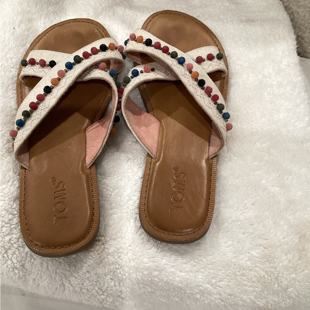 TOMS White Slide Sandals with Multi-Colored Studs